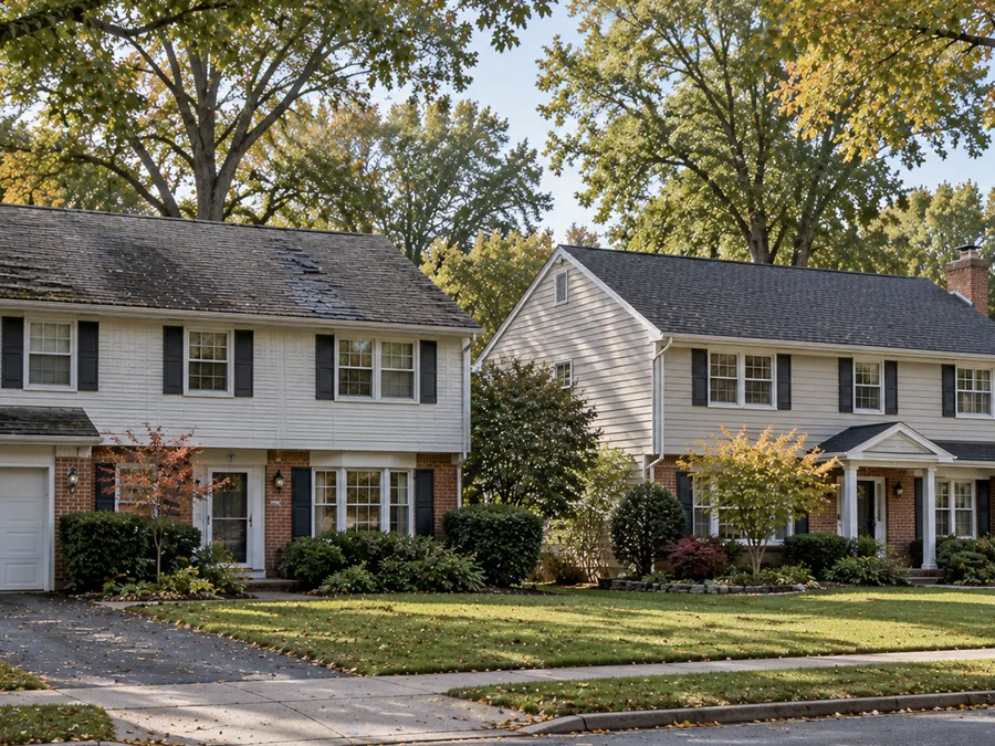 A worn, curling shingle roof next to a newer roof on the house next door
