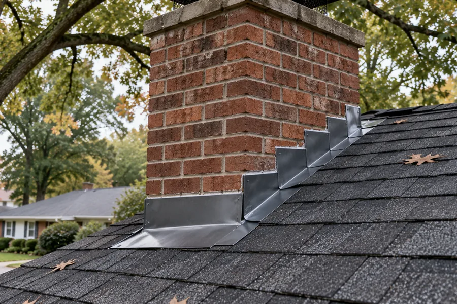 New step flashing and counterflashing around a brick chimney on a ranch house roof